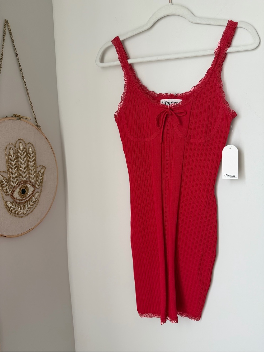 Trixxi Red Ribbed Lace-Trim Mini Dress
